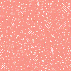 Naklejka premium Tiny fishes and bubbles in the sea in a cute style hand drawn pattern in pink color. Vector seamless pattern design for textile, fashion, paper, packaging, wrapping and branding 
