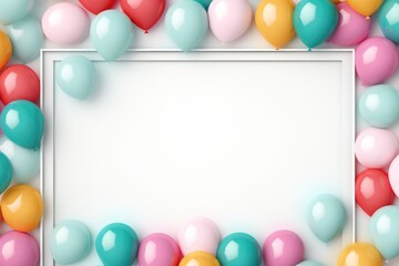 colorful balloons arranged in a frame on a wooden background,