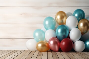 Obraz premium colorful balloons arranged in a frame on a wooden background,