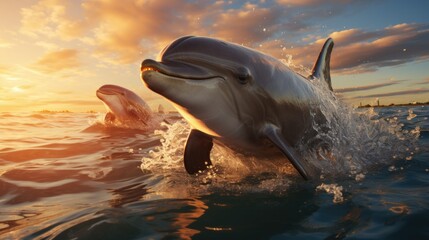 Close-up of two beautiful dolphins swimming gracefully in the blue water of the ocean against the backdrop of a magnificent sunset. Marine wildlife concept.