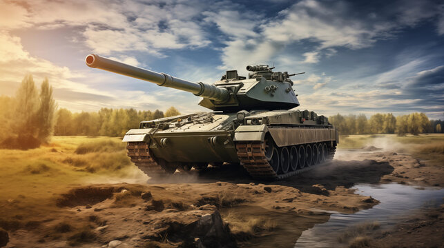 Main battle tank in hyper realistic style. Armored fighting vehicle. Special military transport.