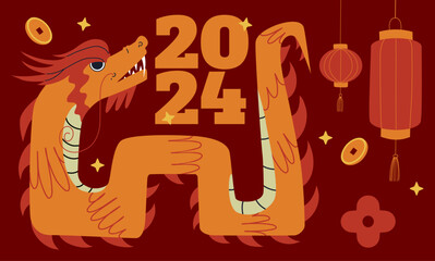 2024 Chinese new year, year of the dragon. Chinese new year banner design with Chinese zodiac dragon.
