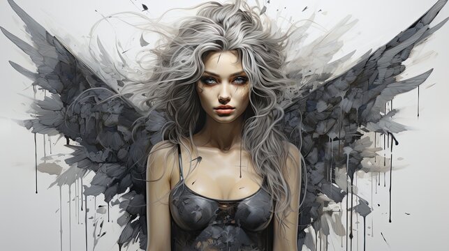 Abstract illustration of a fairy woman with outstretched wings in the style of photorealistic drawings in dark gray and white, meticulous realism, broken soul, fantasy, goodness concept.