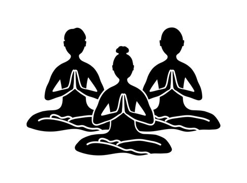 Human's silhouettes sitting in lotus position, hands in namaste mudra. Meditating symbol isolated on white background. Vector illustration