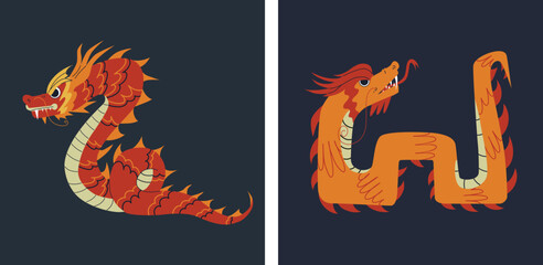 Two Asian dragons. Chinese or Japanese oriental style. An isolated illustration.
