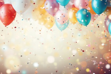 colorful party background with confetti, balloons and ribbons,
