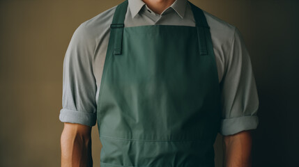 A man in a kitchen apron. Chef work in the cuisine. Cook in uniform, protection apparel. Job in food service. Professional culinary. Green fabric apron, casual clothing. Baker posing. Generated AI