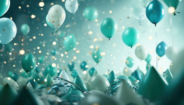 colorful party background with confetti, balloons and ribbons,