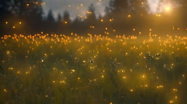 a meadow filled with magical fireflies. Illuminate the scene with light