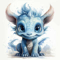 watercolor illustration of adorable blue dragon 
