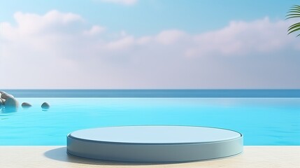 Fototapeta na wymiar Round platform in 3D rendered on sand and water with glass wall panels. Simple landscape mockup for blue product showcase banner.