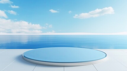 Obraz premium Round platform in 3D rendered on sand and water with glass wall panels. Simple landscape mockup for blue product showcase banner.