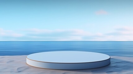 Round platform in 3D rendered on sand and water with glass wall panels. Simple landscape mockup for blue product showcase banner.
