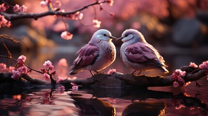 Romantic Pigeons Courting Amidst Cherry Blossoms