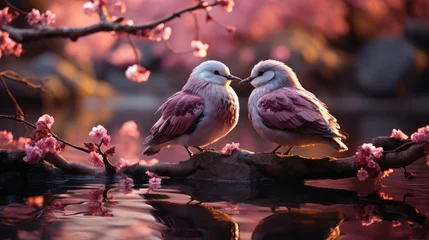 Zelfklevend Fotobehang Romantic Pigeons Courting Amidst Cherry Blossoms © Philipp