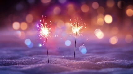 Sylvester New Year, New Year's Eve 2024 party event celebration holiday greeting card - Closeup of sparkling sparklers stuck in the snow and colorful bokeh lights in the background - obrazy, fototapety, plakaty