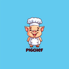 Happy Pig Chef mascot logo design template vector icon illustration. Cute Pig Chef symbol