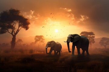 Elephants walking savannah. Two silhouettes large animals passing wasteland. Generate AI