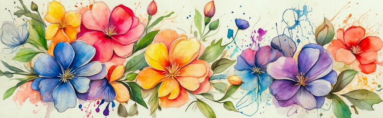 Abstract watercolor colorful background with flowers. For creative design, vintage card, header of website or template.