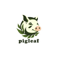 Organic Pig Farm mascot logo design template vector icon illustration. Cute pig with leaf symbol
