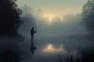 Fishing man dawn. Dark silhouette human with fishing rod clean river. Generate AI