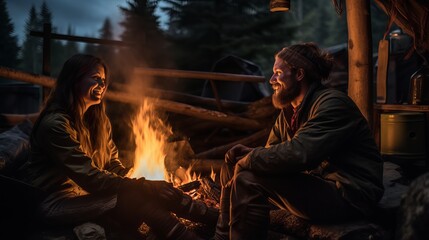A couple in the Teklanika Campground by the fire