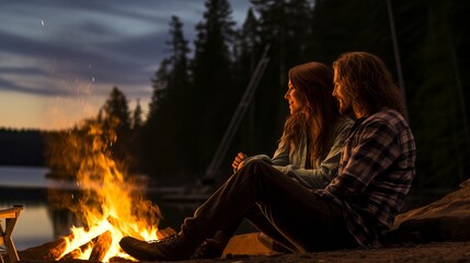 Fototapeta premium A couple in the Teklanika Campground by the fire