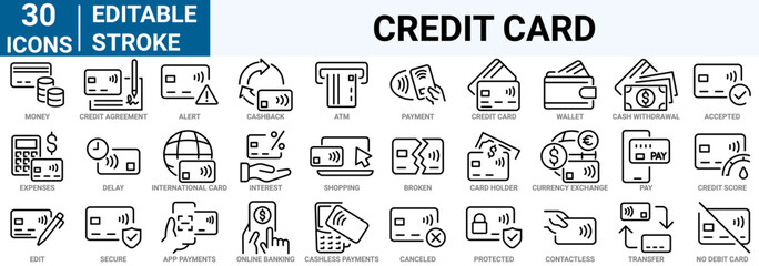set of 33 line web icons Credit card. Piggy Bank, Cash, Money Bag, Currency Exchange, Coins and Paper Bills and others. Editable stroke.