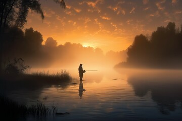Dark silhouette fishing. Adult human stands lake and fishes orange dawn. Generate AI