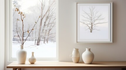 A fragile vase sits atop a tall white window and is supported by a white wooden table; the background is a framed image of a wintry scene.