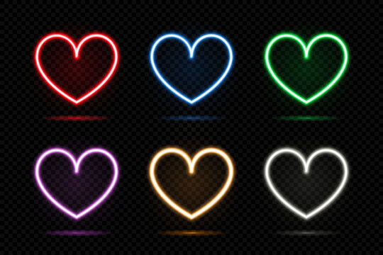 Set of colorful neon heart frames.