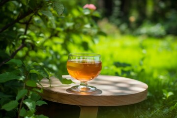 Green garden tea. Glass mug flavorful brown and warm beverage table. Generate AI