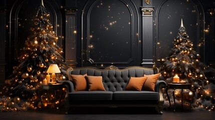 Living Room with Dark Walls and Gold Accents During Christmas Season