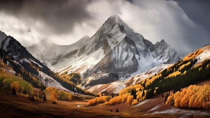 In autumn, a storm passes over Capitol Peak in the Aspen, Colorado, area. - obrazy, fototapety, plakaty