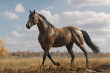 Large american horse. Noble and strong young equine gallops big field. Generate AI