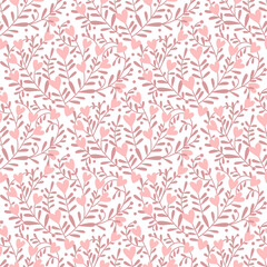 Pink seamless background for romantic Valentines day, wedding design, spring textile. Vector illustration. Damask natural repeat print with hearts