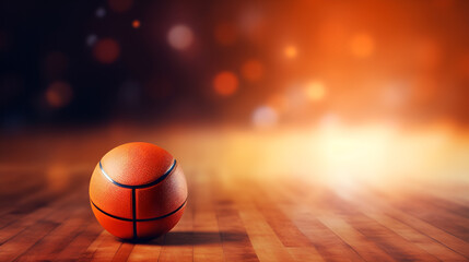 Basketball game sport arena stadium court on spotlight with basket ball on floor. copy space,Basketball in Action,Close up basketball on wooden court floor with blurred arena in background.