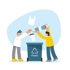 People putting plastic trash into recycling bin. Sorting garbage. Sustainable lifestyle. Save planet earth. Vector hand drawn illustration in a trendy flat style. Not ai.