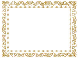 Ornamental golden frame design with baroque decoration and golden glitter effect on transparent background