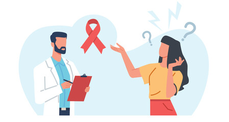 Doctor informs woman that she has breast cancer. Examination and consultation in clinic. Pink ribbon. Oncology diagnosis prevention. Cartoon flat illustration. Vector health care concept