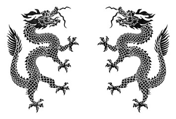 Symmetrical Chinese dragon stencil illustrations in black ink isolated on transparent background. Lunar New Year 2024. Year of the Dragon