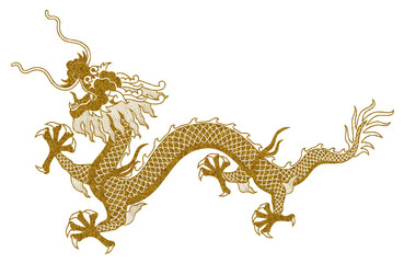 Classic Chinese dragon illustration with golden glitter effect isolated on transparent background. Lunar New Year 2024. Year of the Dragon