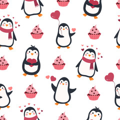 Cute seamless pattern with penguins for Valentine's Day