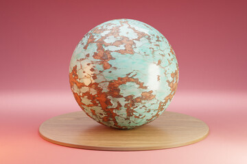 wooden podium with metal sphere ball on infinite background; pedestal for beauty, cosmetic product presentation. copy space template, 3D Illustration