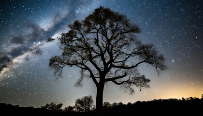 Tree silhouetted against a starry night sky