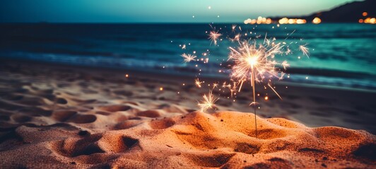 Sylvester New Year, Vacation holiday New Year's Eve 2024 party event celebration holiday greeting card - Closeup of sparkling sparkler stuck in sand on beach with ocean in teh background - obrazy, fototapety, plakaty