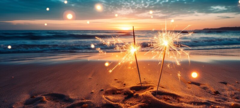 Sylvester New Year, Vacation holiday New Year's Eve 2024 party event celebration holiday greeting card - Closeup of sparkling sparklers stuck in sand on beach with ocean in teh background