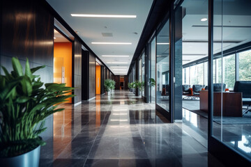 Nice modern office with beautiful long office corridor with defocused room background.