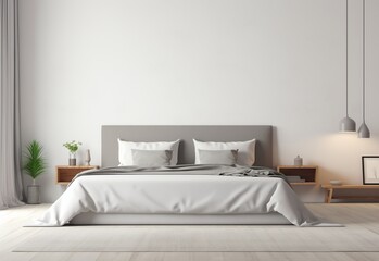Scandinavian style modern bedroom. Wood bed with grey bedding and small side cabinets against a plain white wall. Modern bedroom in Scandinavian style.