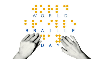 World Braille Day banner, January 4. Halftone hands reading text made by braille alphabet signs. Fingers touching the relief quote for blind. Vector illustration isolated on white background